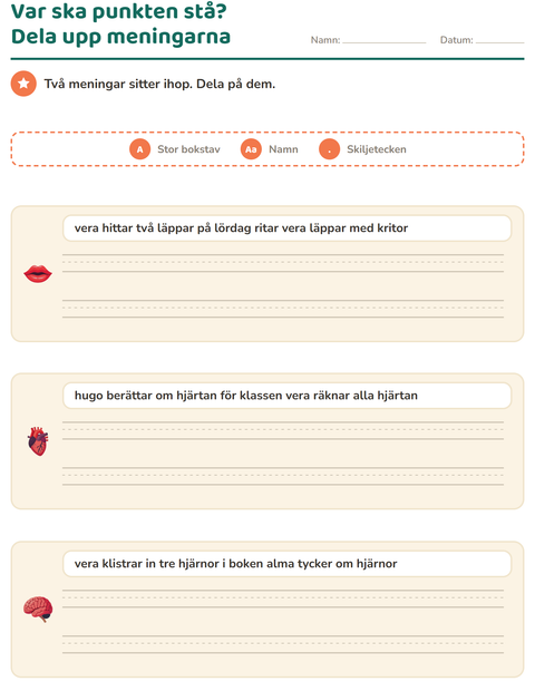 Förhandsvisning av Stor bokstav och skiljetecken-arbetsblad med Kroppsdelar för Årskurs 2
