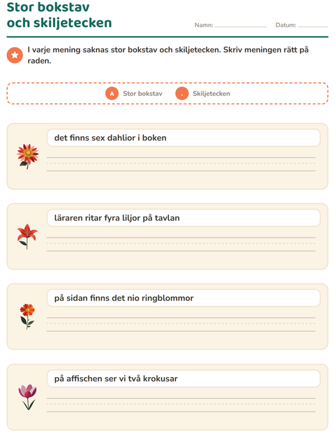 Förhandsvisning av Stor bokstav och skiljetecken-arbetsblad med Blommor för Årskurs 2