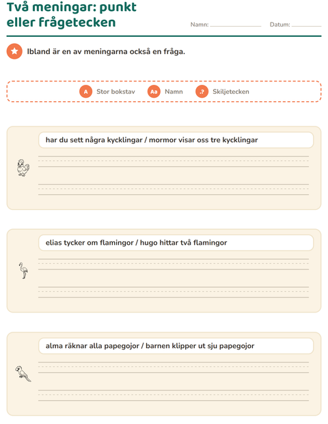 Förhandsvisning av Stor bokstav och skiljetecken-arbetsblad med Fåglar S&V för Årskurs 2