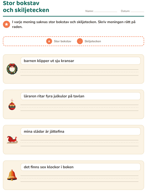 Förhandsvisning av Stor bokstav och skiljetecken-arbetsblad med Jul för Årskurs 2