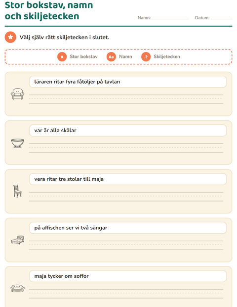 Förhandsvisning av Stor bokstav och skiljetecken-arbetsblad med Möbler SV för Årskurs 2