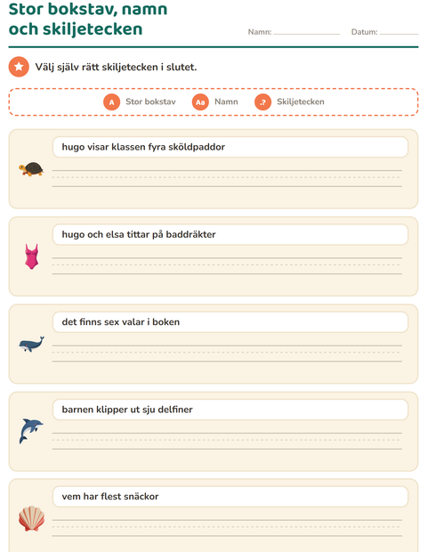 Förhandsvisning av Stor bokstav och skiljetecken-arbetsblad med Strand för Årskurs 2