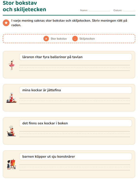 Förhandsvisning av Stor bokstav och skiljetecken-arbetsblad med Yrken för Årskurs 2