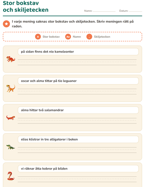 Förhandsvisning av Stor bokstav och skiljetecken-arbetsblad med Reptiler och groddjur för Årskurs 2