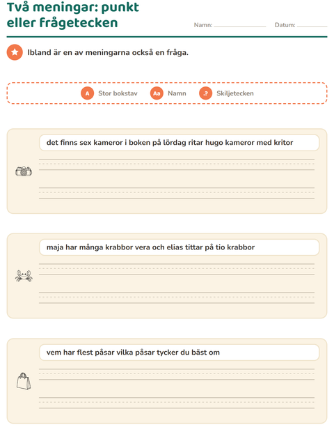 Förhandsvisning av Stor bokstav och skiljetecken-arbetsblad med Strand SV 2 för Årskurs 2