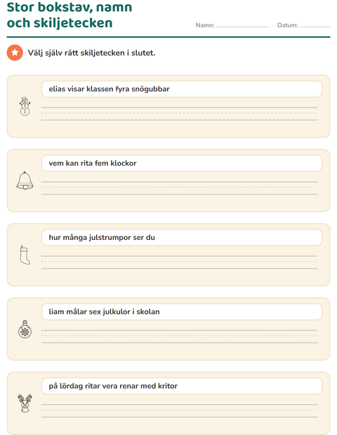 Förhandsvisning av Stor bokstav och skiljetecken-arbetsblad med Jul S/V för Årskurs 2
