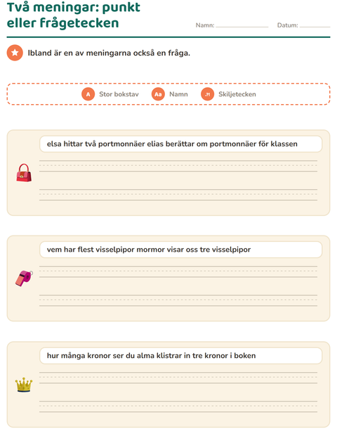 Förhandsvisning av Stor bokstav och skiljetecken-arbetsblad med Tillbehör för Årskurs 2