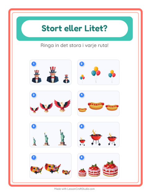 Förhandsvisning av Stor Eller Liten-arbetsblad med 4 juli för Förskola