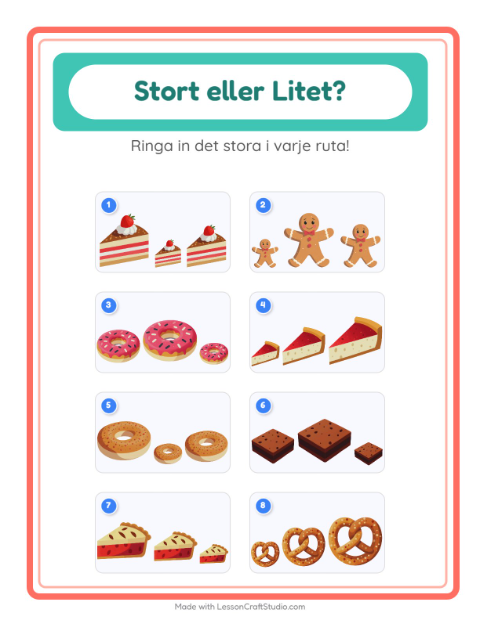 Hitta störst och minst bland bakverk – arbetsblad för förskolan — 2