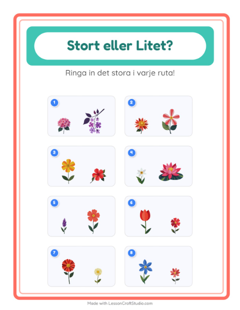 Förhandsvisning av Hitta störst och minst bland blommor – arbetsblad för förskolan