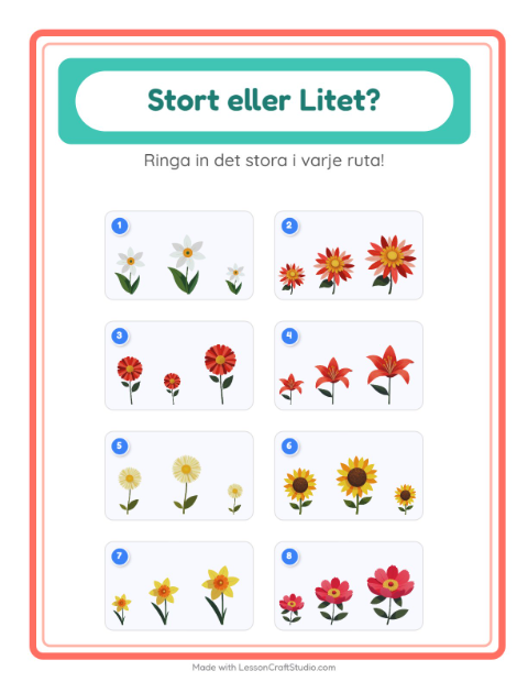 Hitta störst och minst bland blommor – arbetsblad för förskolan — 2