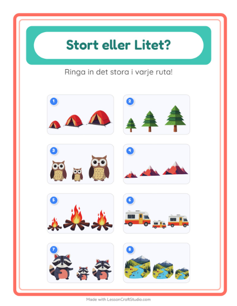 Hitta störst och minst bland tält – arbetsblad för förskolan — 2