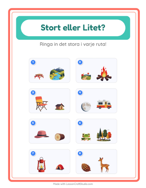 Förhandsvisning av Stor Eller Liten-arbetsblad med Camping för Förskola