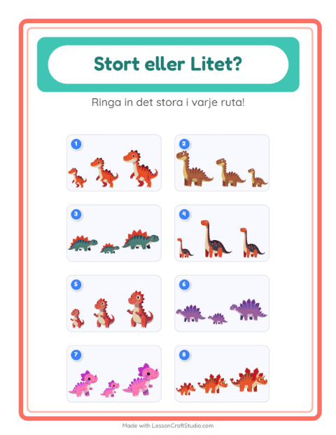 Hitta störst och minst bland dinosaurier – arbetsblad för förskolan — 2