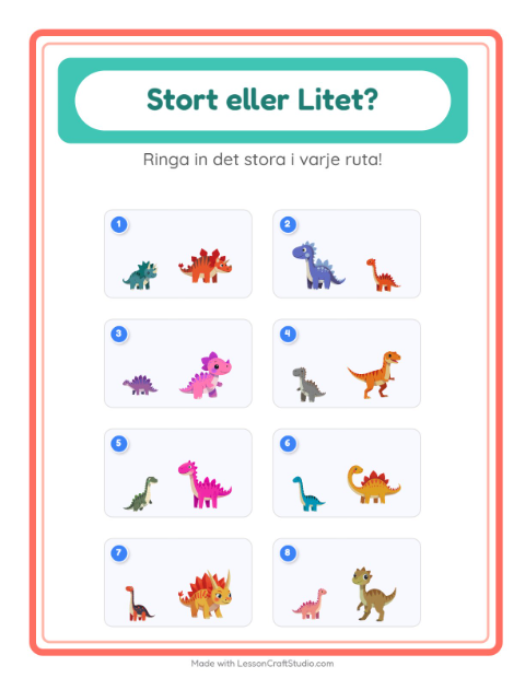 Förhandsvisning av Stor Eller Liten-arbetsblad med Dinosaurier för Förskola
