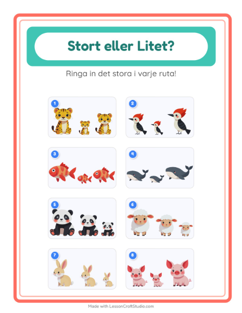 Hitta störst och minst bland djur – arbetsblad för förskolan — 2