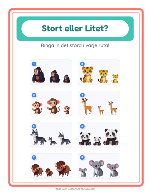 Hitta störst och minst bland djur – arbetsblad för förskolan — 2