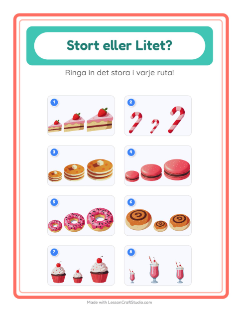 Hitta störst och minst bland efterrätter – arbetsblad för förskolan — 2