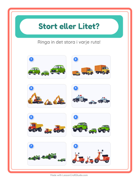 Förhandsvisning av Stor Eller Liten-arbetsblad med Fordon för Förskola