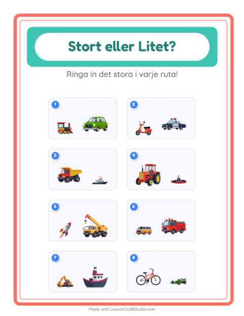 Förhandsvisning av Hitta störst och minst bland fordon – arbetsblad för förskolan