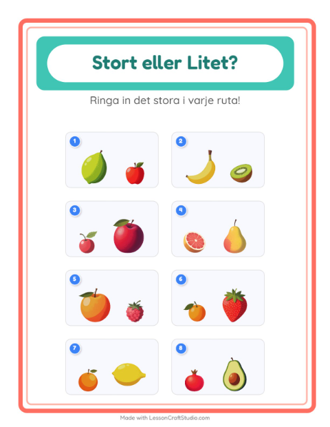 Förhandsvisning av Hitta störst och minst bland frukter – arbetsblad för förskolan