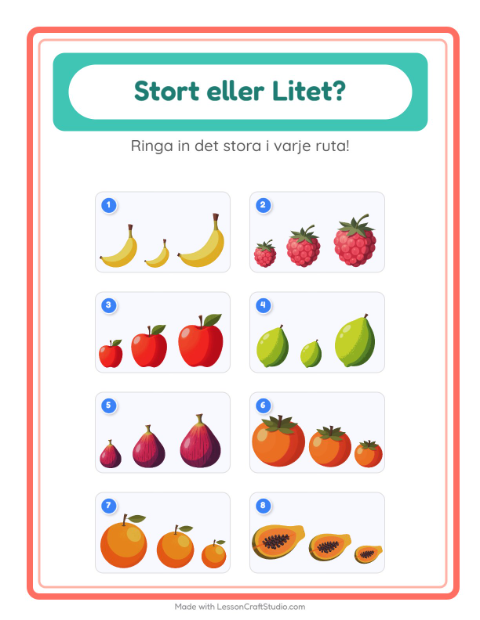 Hitta störst och minst bland frukter – arbetsblad för förskolan — 2
