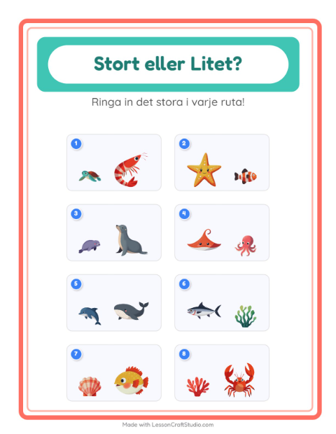 Förhandsvisning av Stor Eller Liten-arbetsblad med Havsliv för Förskola