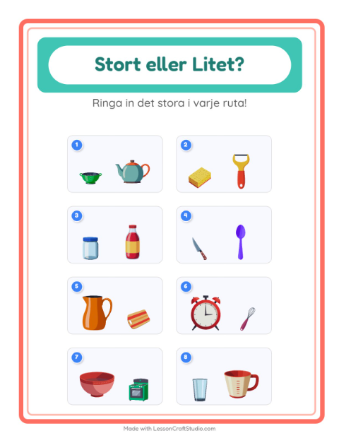 Förhandsvisning av Hitta störst och minst bland redskap – arbetsblad för förskolan