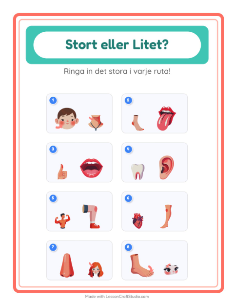 Förhandsvisning av Stor Eller Liten-arbetsblad med Kroppsdelar för Förskola