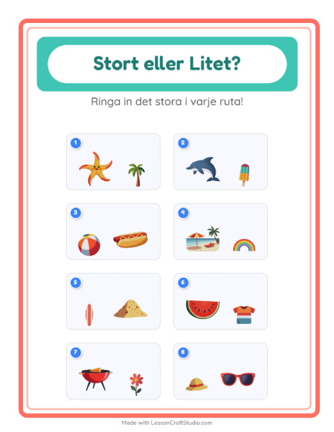 Förhandsvisning av Stor Eller Liten-arbetsblad med Sommar för Förskola