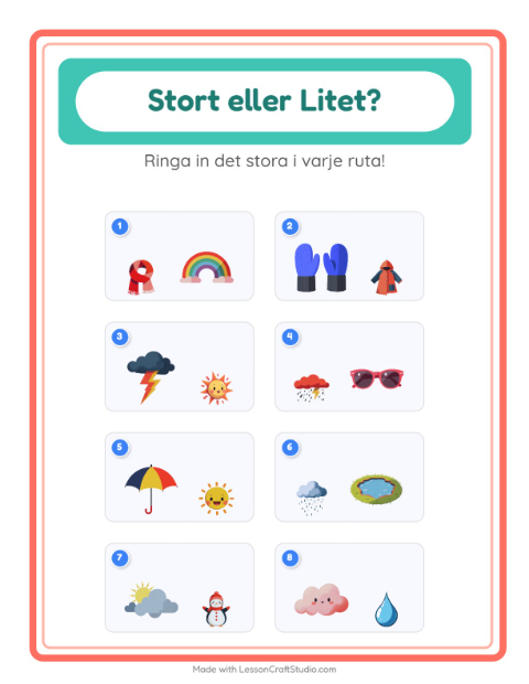 Förhandsvisning av Stor Eller Liten-arbetsblad med Väder för Förskola