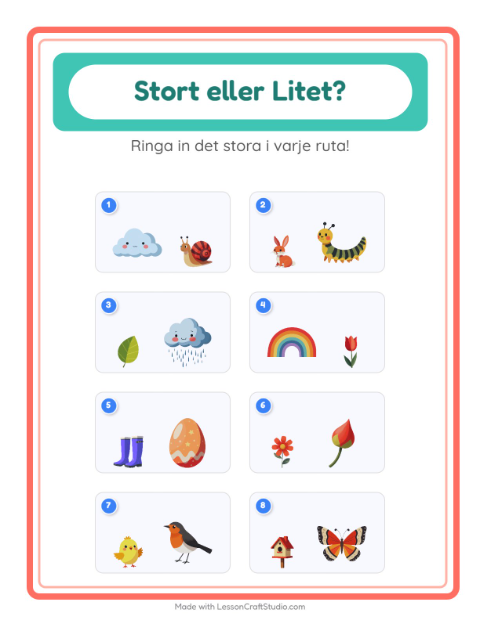 Förhandsvisning av Stor Eller Liten-arbetsblad med Vår för Förskola