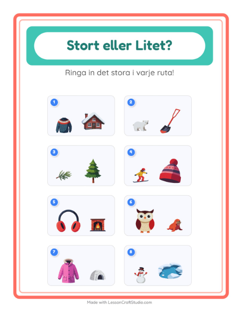 Förhandsvisning av Stor Eller Liten-arbetsblad med Vinter för Förskola