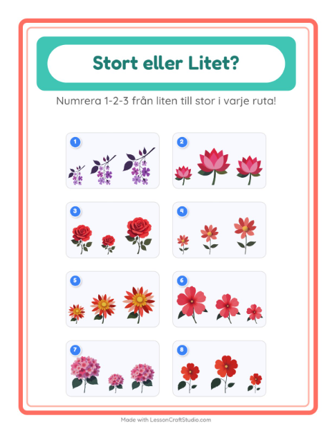 Förhandsvisning av Ordna efter storlek med blommor – arbetsblad för förskolan