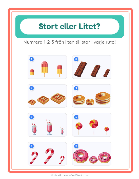 Förhandsvisning av Stor Eller Liten-arbetsblad med Efterrätter och godis för Förskola