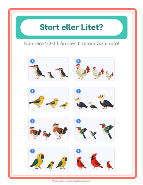 Förhandsvisning av Stor Eller Liten-arbetsblad med Fåglar 2 för Förskola