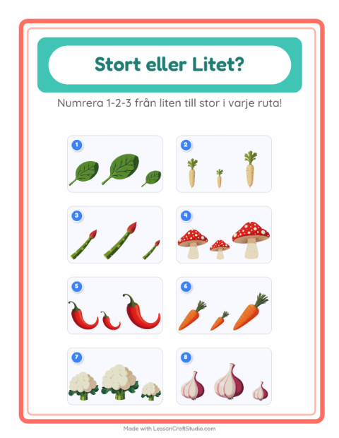 Förhandsvisning av Stor Eller Liten-arbetsblad med Grönsaker för Förskola
