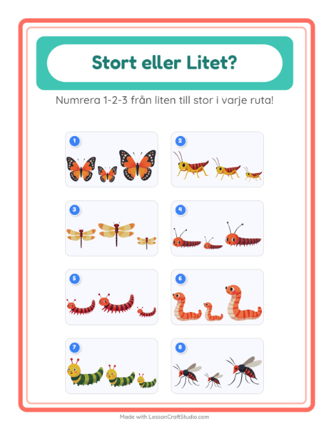 Förhandsvisning av Stor Eller Liten-arbetsblad med Insekter och kryp för Förskola