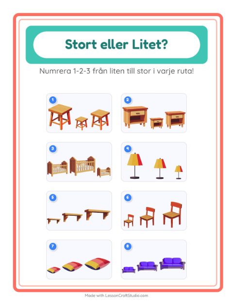 Förhandsvisning av Ordna efter storlek med möbler – arbetsblad för förskolan