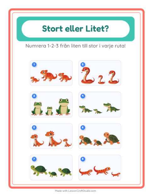 Förhandsvisning av Stor Eller Liten-arbetsblad med Reptiler och groddjur för Förskola