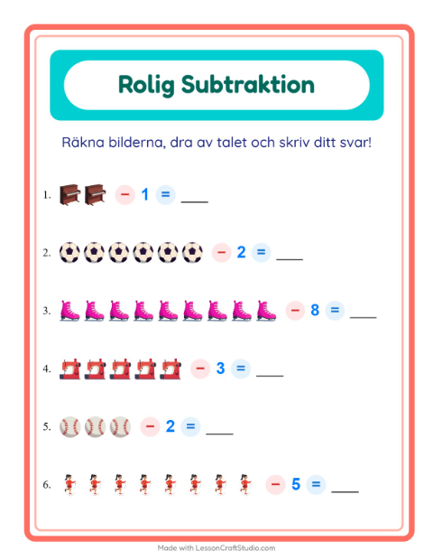 Förhandsvisning av Subtraktion-arbetsblad med Aktiviteter för Förskoleklass