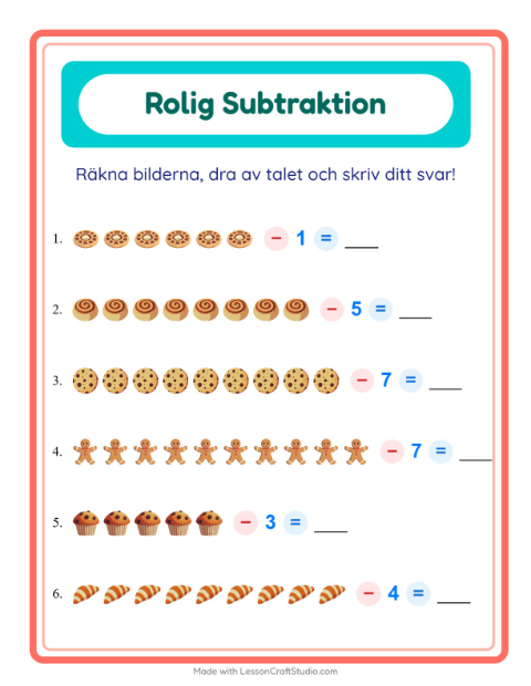 Förhandsvisning av Subtraktion med bild och siffra och bakverk – arbetsblad för årskurs 1