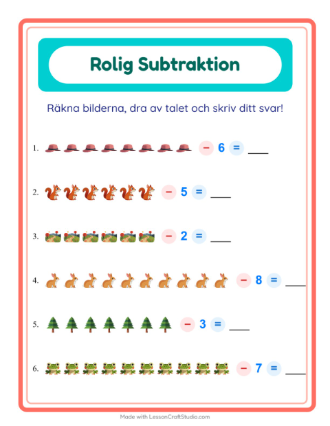 Förhandsvisning av Subtraktion-arbetsblad med Camping för Förskoleklass