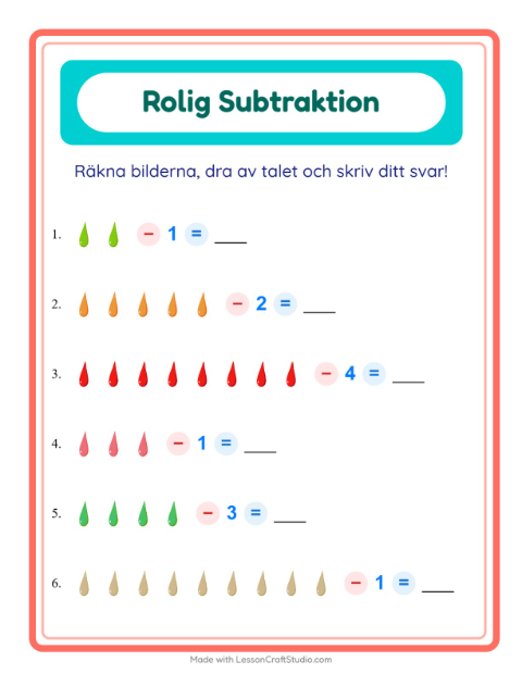 Förhandsvisning av Subtraktion-arbetsblad med Färger för Förskoleklass