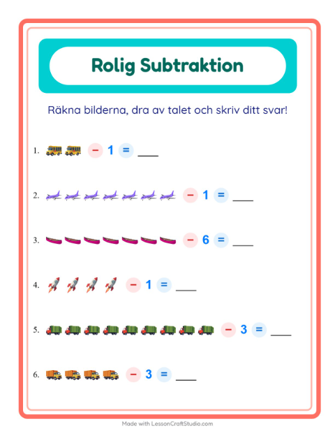 Förhandsvisning av Subtraktion med bild och siffra och fordon – arbetsblad för årskurs 1