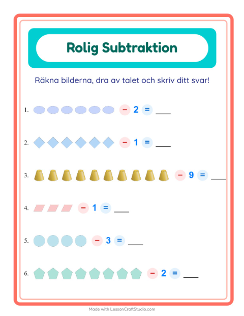 Förhandsvisning av Subtraktion-arbetsblad med Former för Förskoleklass