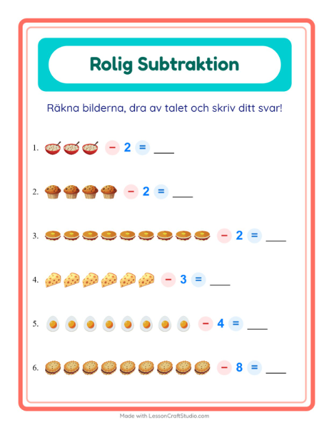 Förhandsvisning av Subtraktion-arbetsblad med Frukost för Förskoleklass