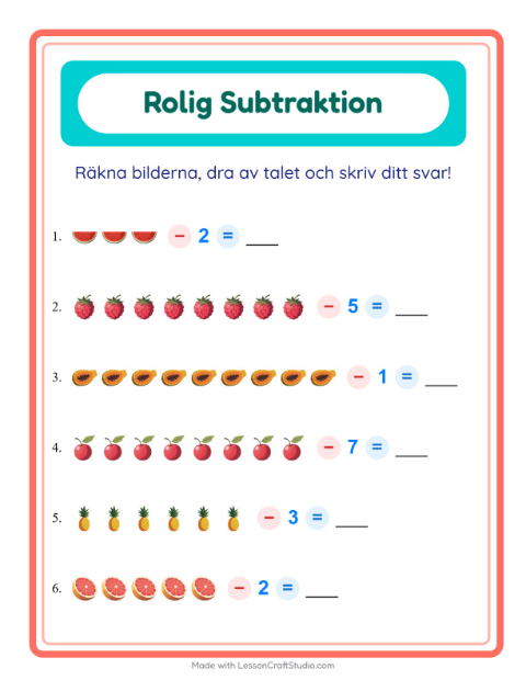 Förhandsvisning av Subtraktion med bild och siffra och frukter – arbetsblad för årskurs 1