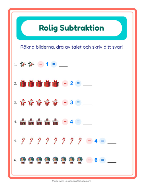 Förhandsvisning av Subtraktion-arbetsblad med Jul för Förskoleklass