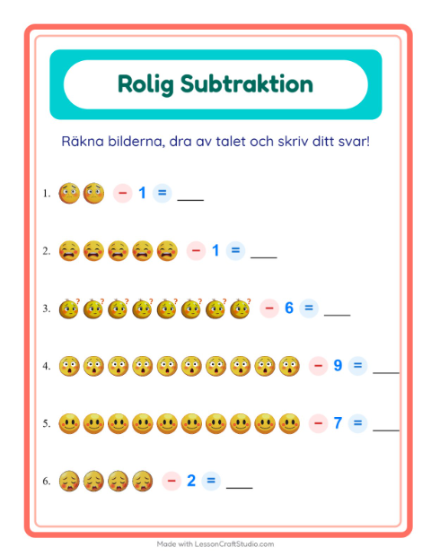 Förhandsvisning av Subtraktion-arbetsblad med Känslor för Förskoleklass